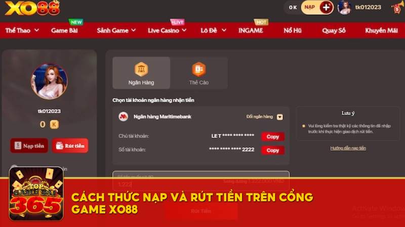 Cách thức nạp và rút tiền trên cổng game XO88