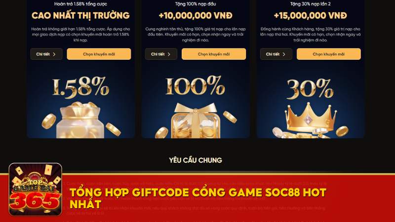 SOC88 thu hút người chơi không chỉ bởi giao diện thân thiện, hệ thống game phong phú mà còn nhờ vào các chương trình khuyến mãi hấp dẫn