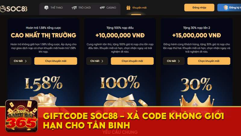 Giftcode SOC88 - Xả code không giới hạn cho tân binh