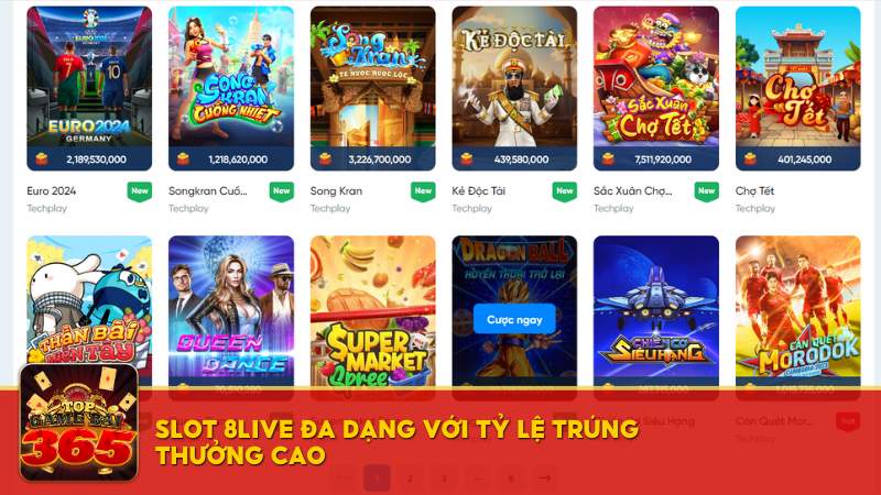 Trò chơi slot 8live đa dạng với tỷ lệ trúng thưởng cao