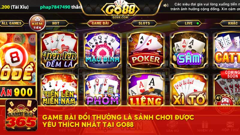 Game bài đổi thưởng là sảnh chơi được yêu thích nhất tại Go88