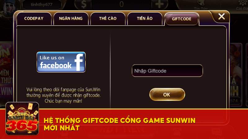 Hệ thống giftcode cổng game Sunwin mới nhất